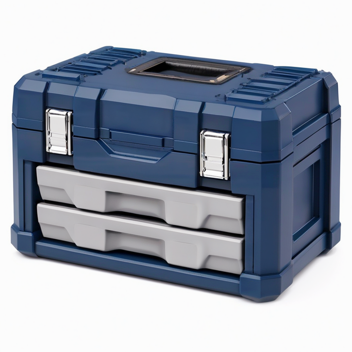 Boîte à outils 48 x 28 x 30 cm en plastique bleu avec 2 tiroirs et fermetures métalliques