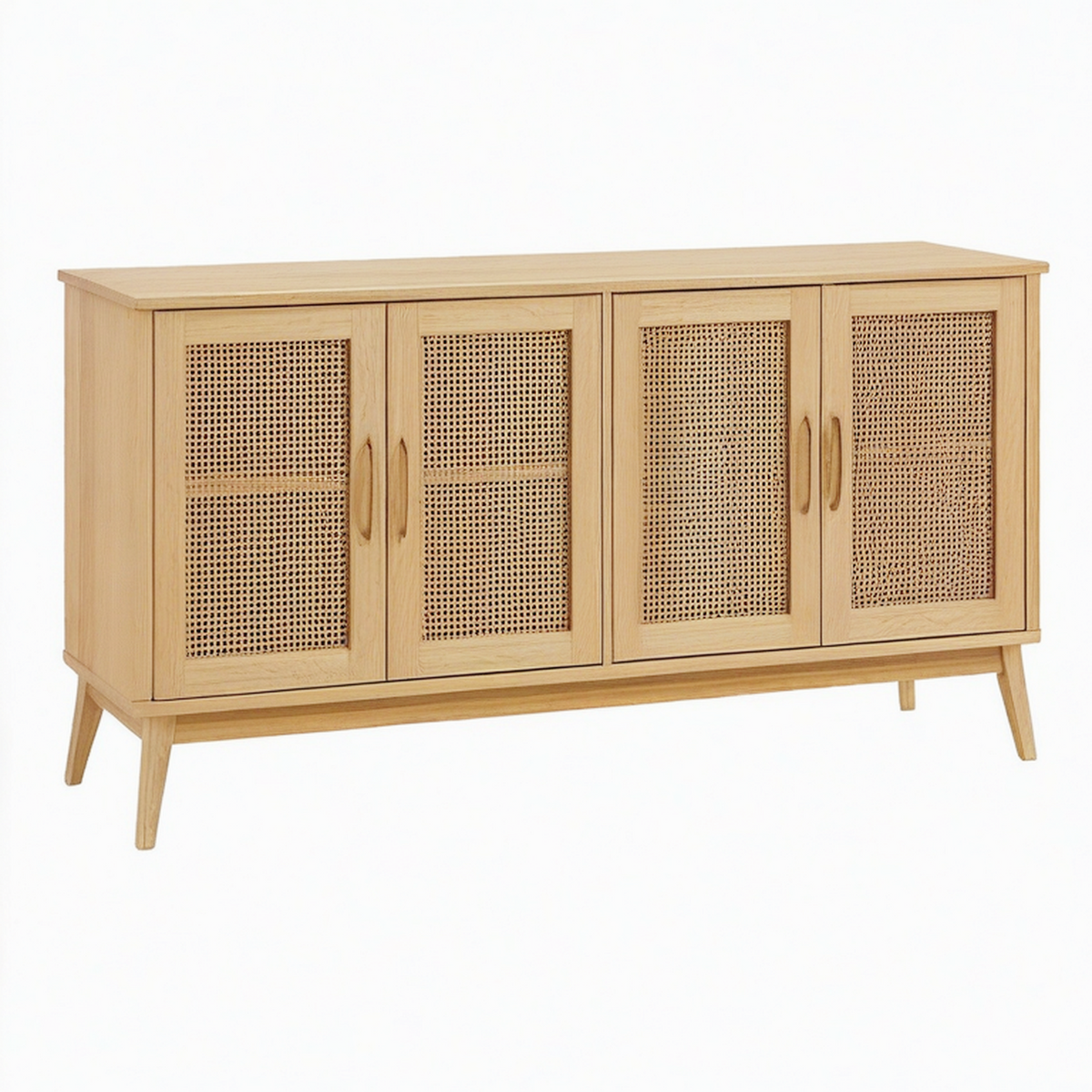 Buffet 160 x 40 x 85 cm en bois chêne clair et cannage à 4 portes style rétro